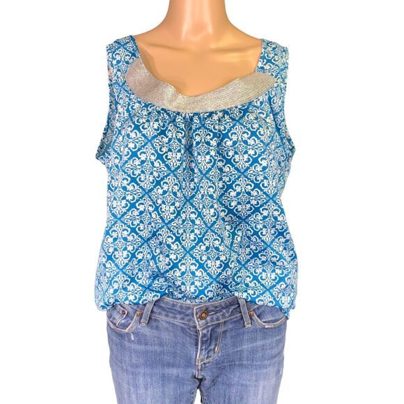 GAP Womens Blouse Top Silver Collared Sleeveless Pullover Teal White Medium - Picture 1 of 12